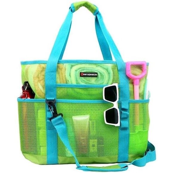 Mesh Beach Bag 40L Large with 9 Pockets Bag Green - Picture 1 of 6